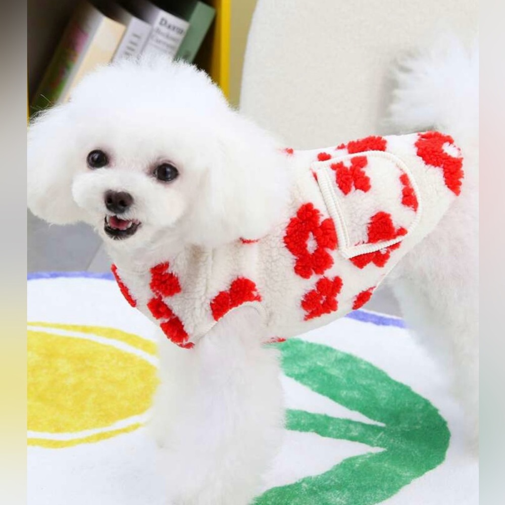 Red & White Floral Fleece Crew Neck Toy Dog Vest W/Pockets | Small | New